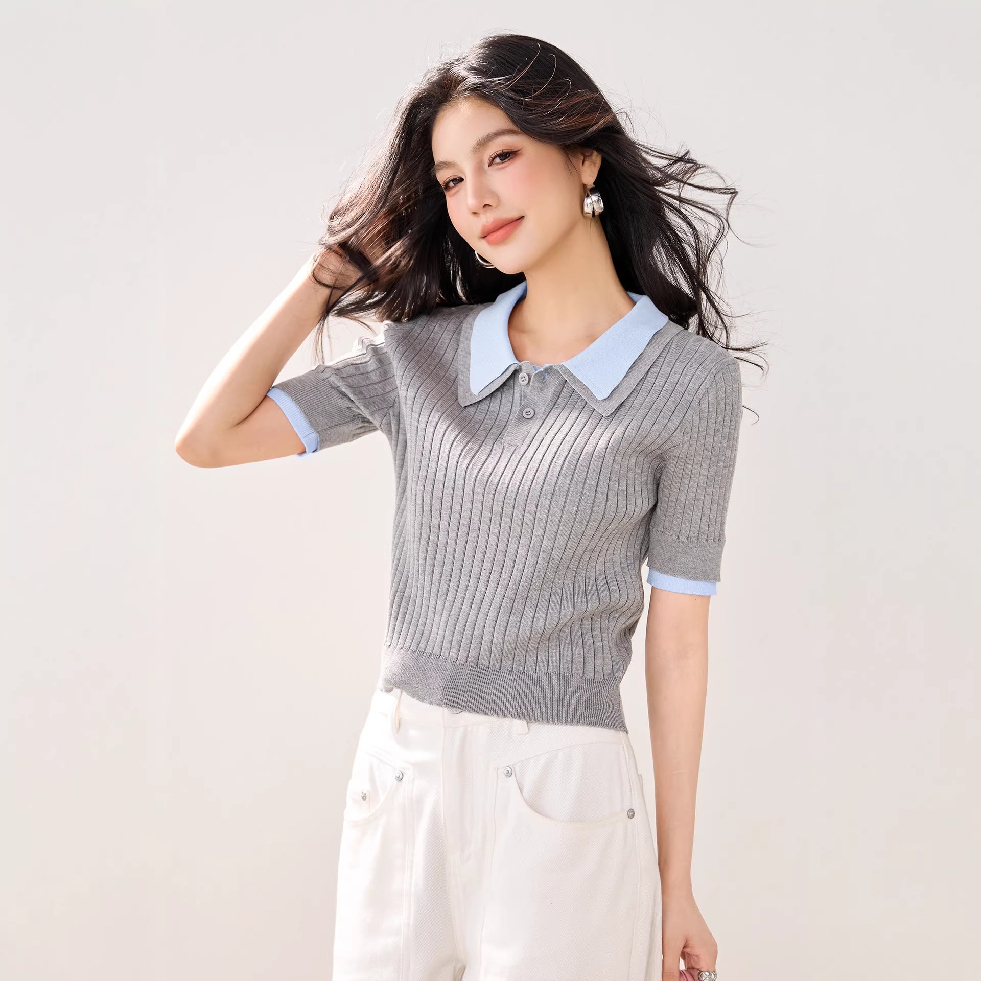 Polo Neck Knit Top for Women, Summer New Style Slim Fit Lightweight Ice Silk Short Sleeve Shirt
