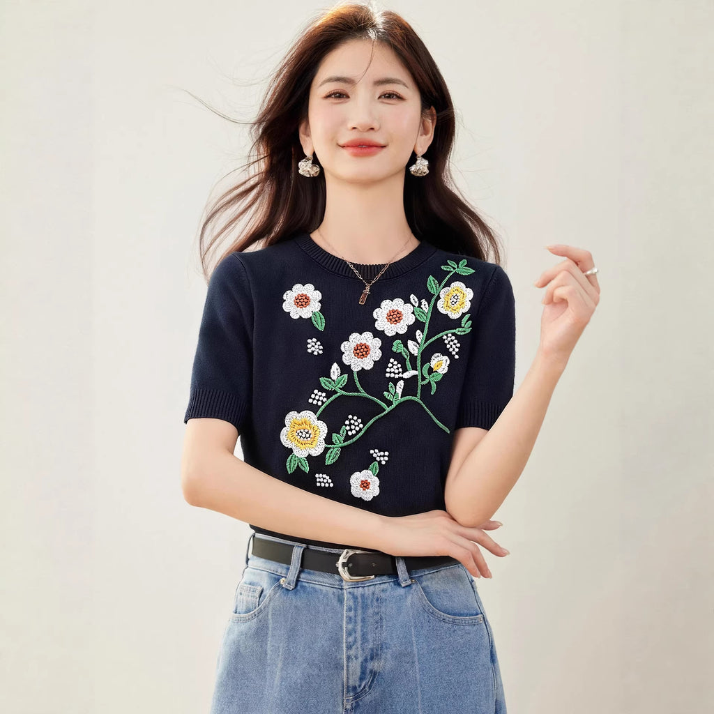 Retro black flower embroidered knitted short sleeved T-shirt for women's summer new small short top