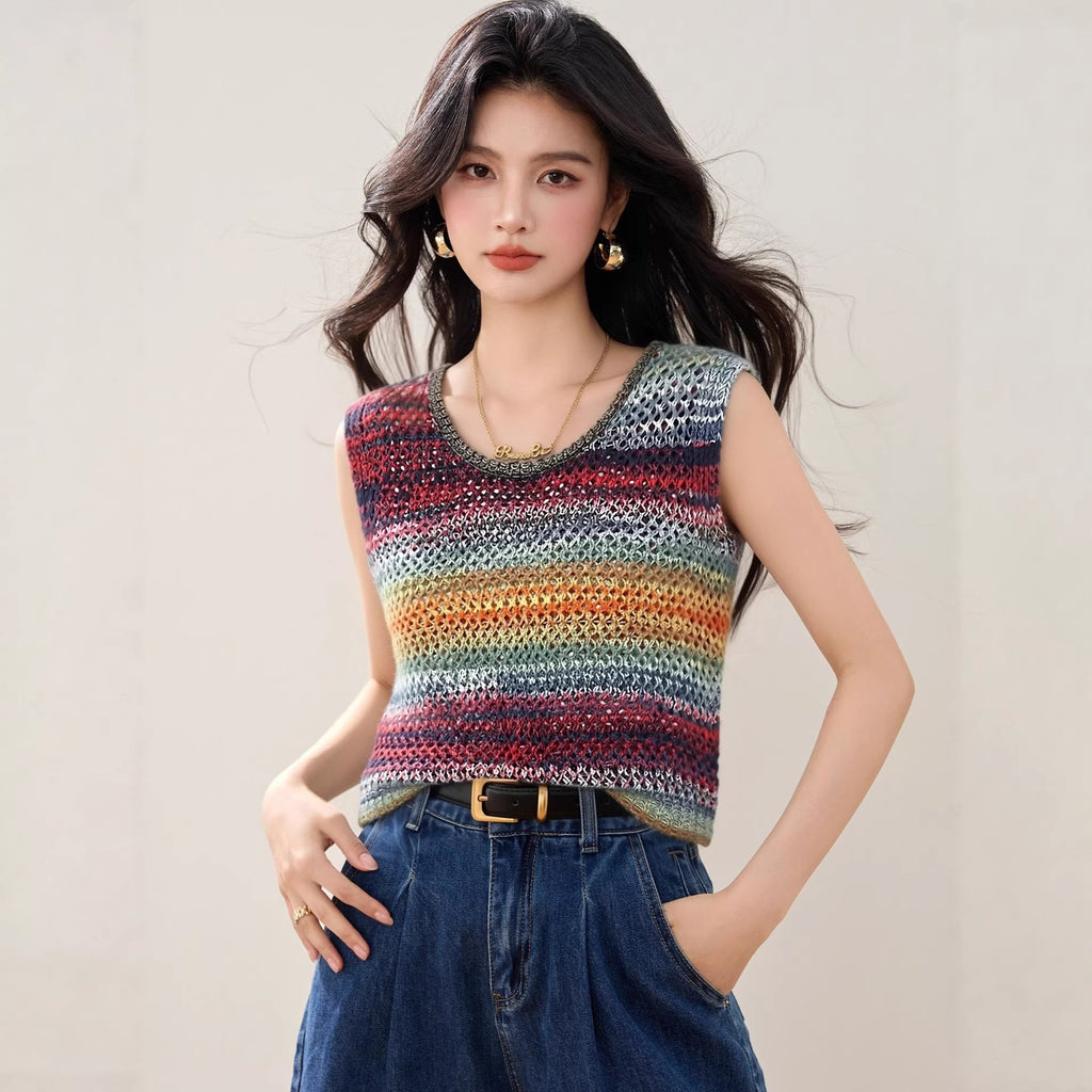 Design Colorful Stripe Knit Sleeveless Vest with Openwork Breathable Comfortable Top for Layering and Slim Look Women