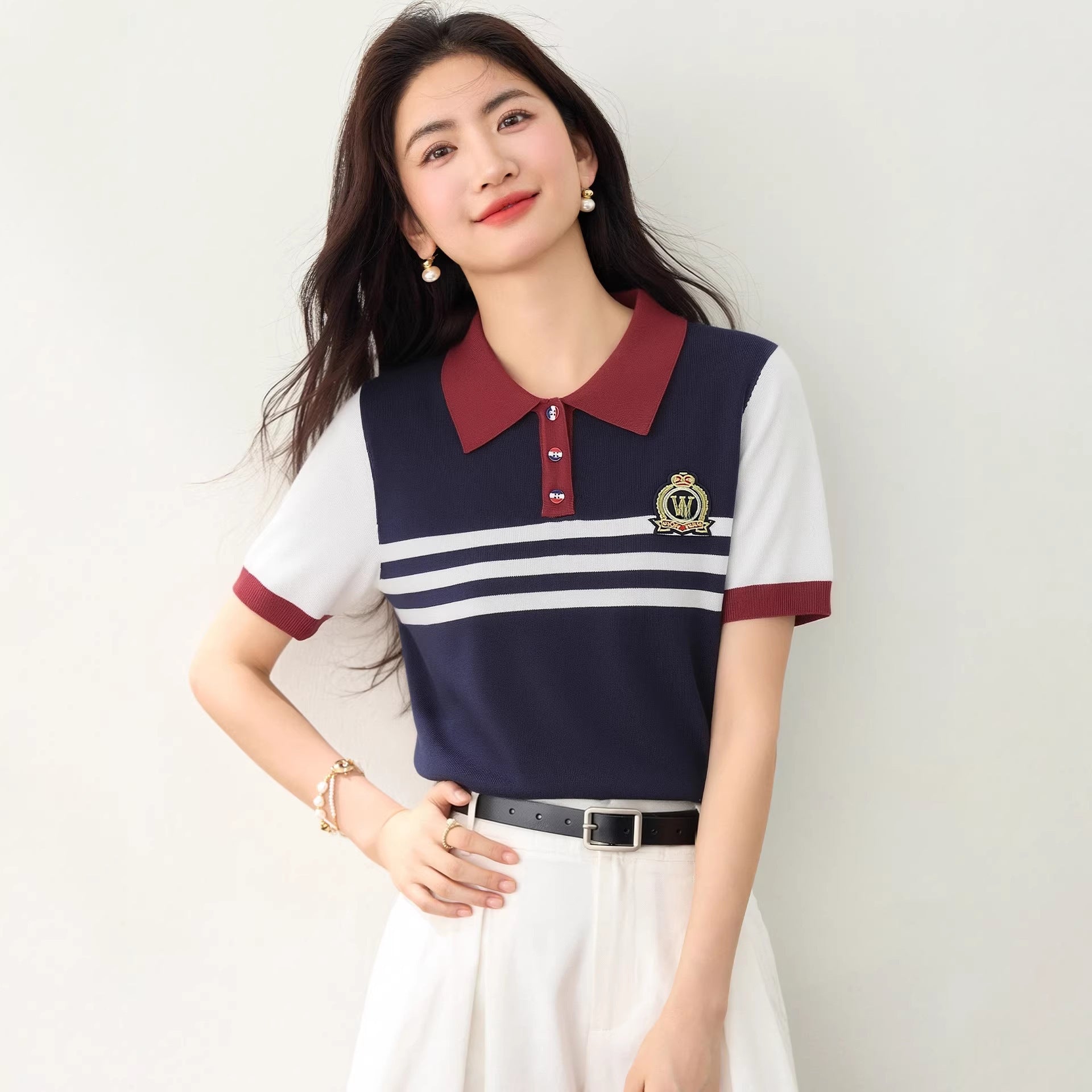 CollegeStripe Short Sleeve T-Shirt Women White Turn-down Collar Buttoned Top Summer Versatile Youthful Casual Shirt
