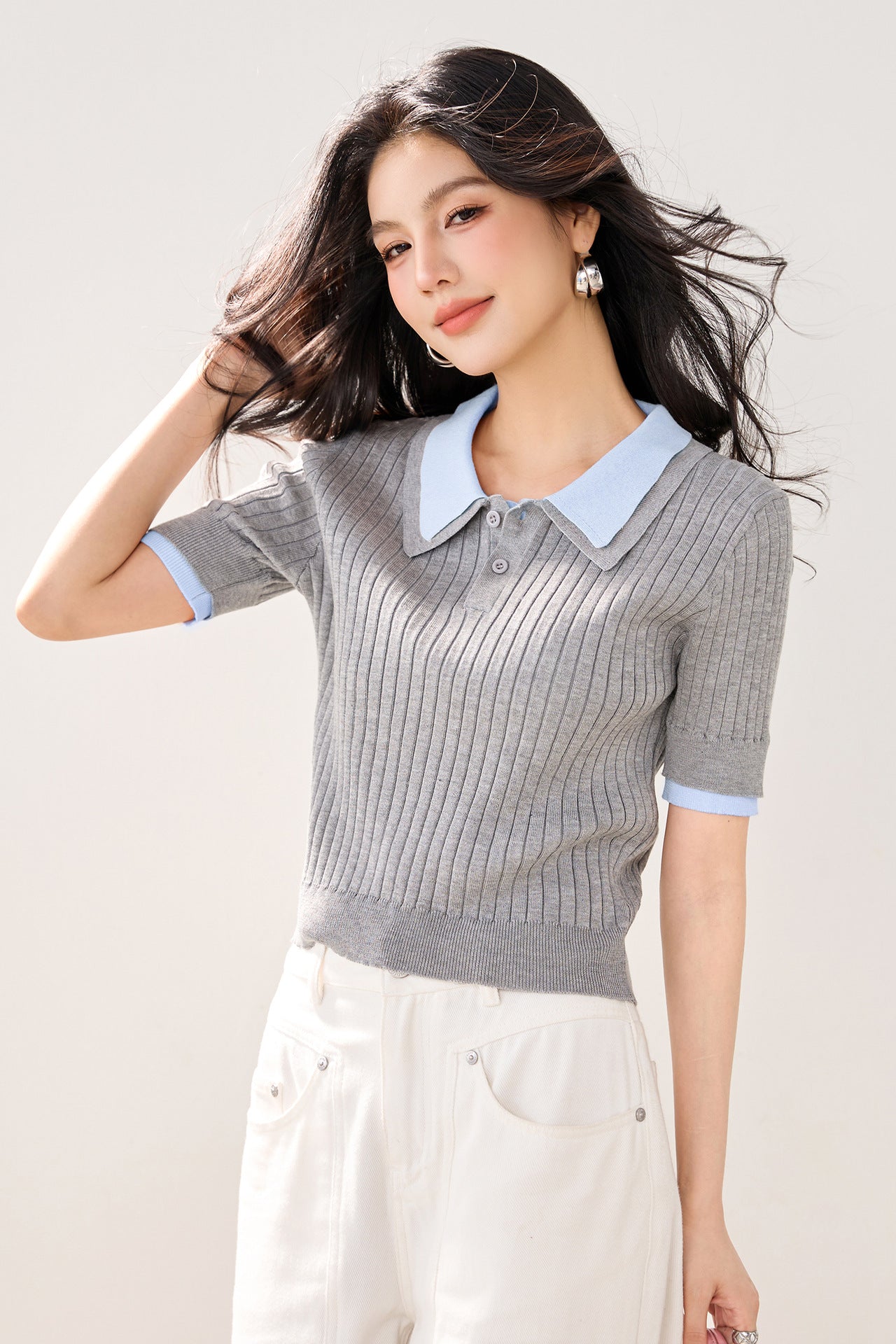 Polo Neck Knit Top for Women, Summer New Style Slim Fit Lightweight Ice Silk Short Sleeve Shirt