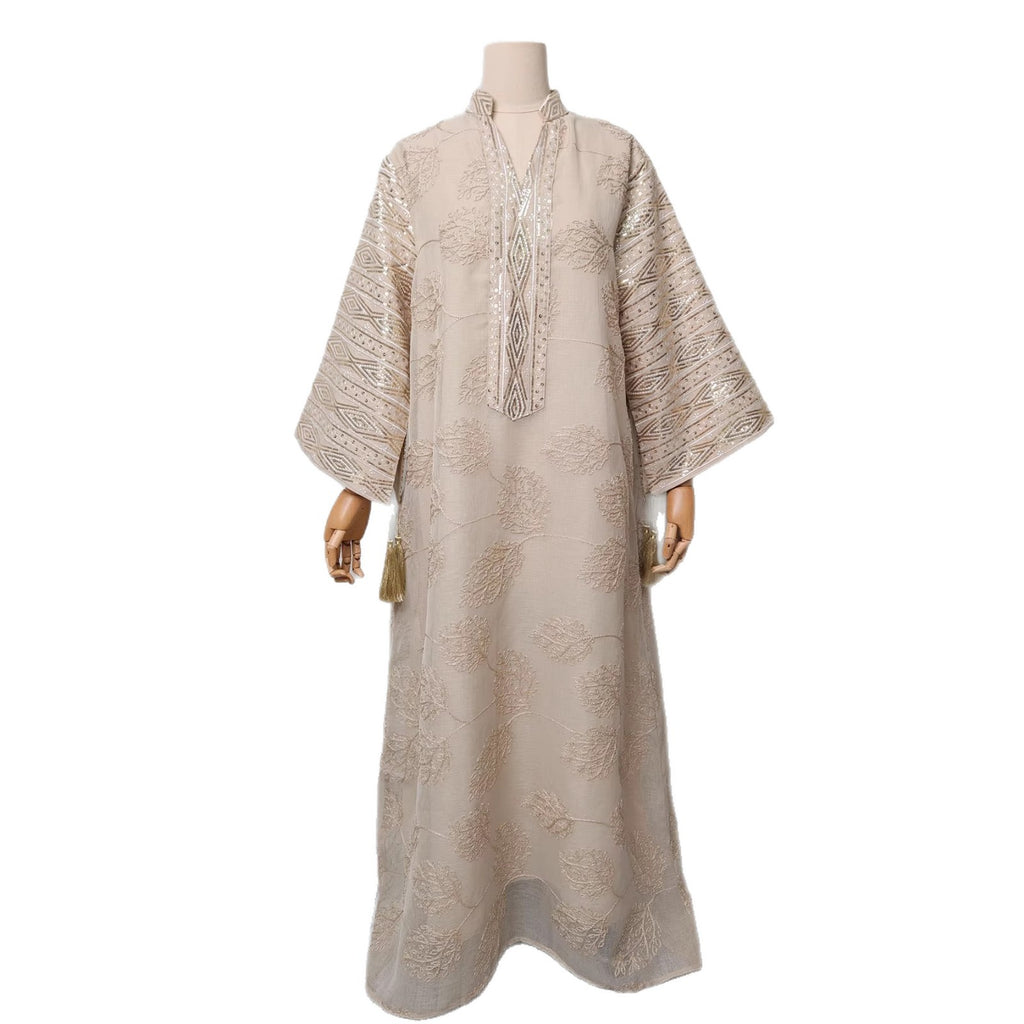 Elegant Embroidered Mesh Dress with Sleeve Slit Crew Neck V-Neck Long Dress