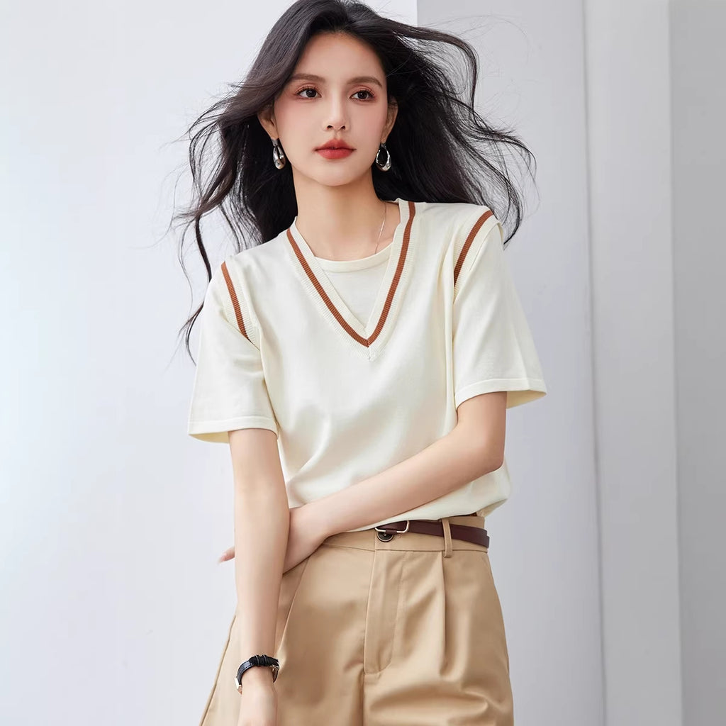 Faux Two-Piece V-Neck Ice Silk Knit Short Sleeve T-Shirt for Women, Loose Fit, Color-Blocking Design, Patchwork Top