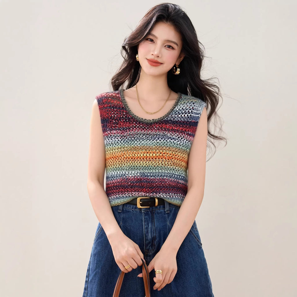 Design Colorful Stripe Knit Sleeveless Vest with Openwork Breathable Comfortable Top for Layering and Slim Look Women