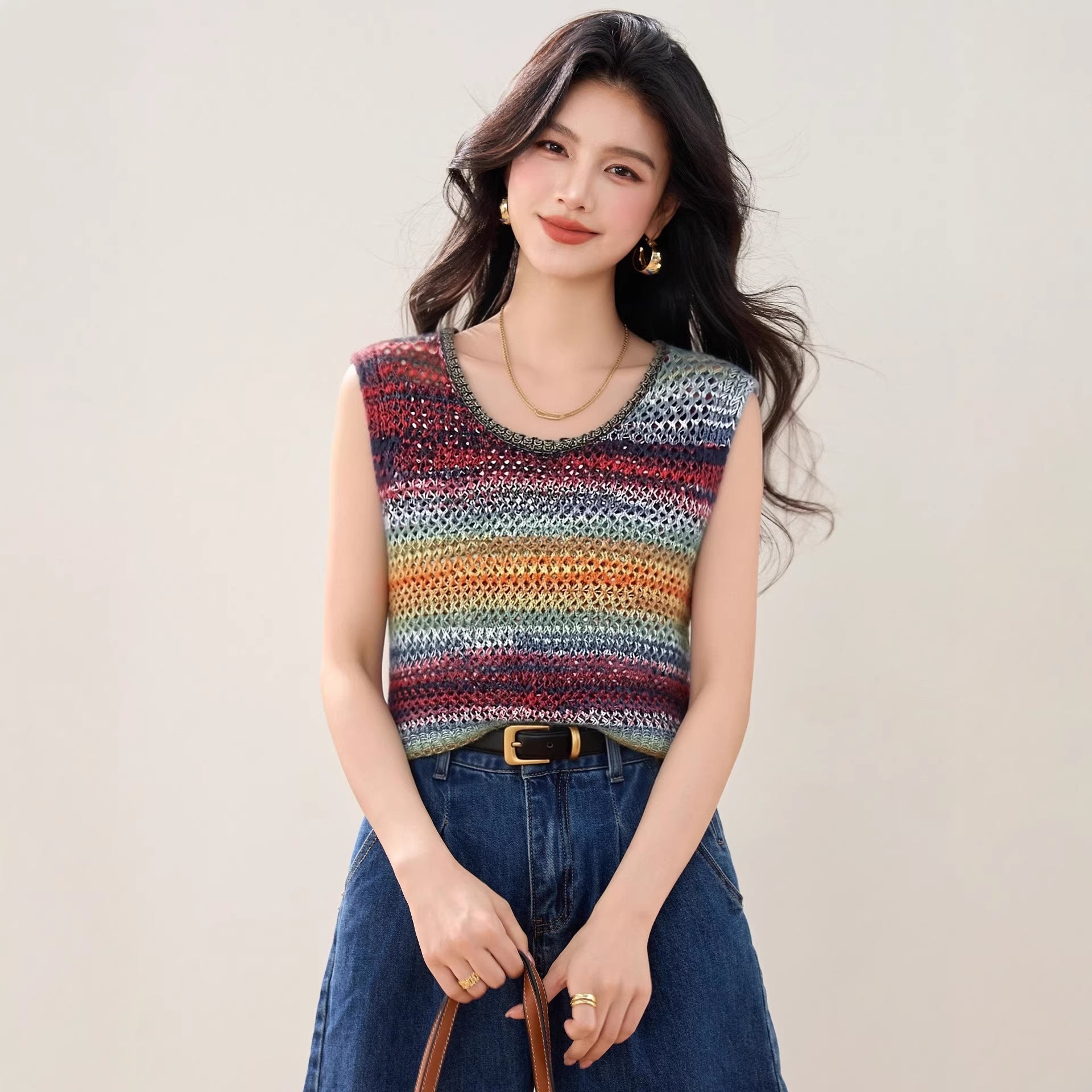 Design Colorful Stripe Knit Sleeveless Vest with Openwork Breathable Comfortable Top for Layering and Slim Look Women