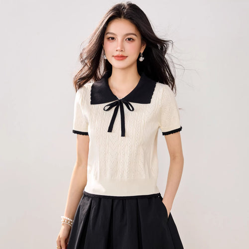 Cute Color-Blocking Short Sleeve Knit Top for Women, Summer Lightweight Skin-FriendlyBreathable Tie-Bow Design Sweet and Youthful Look