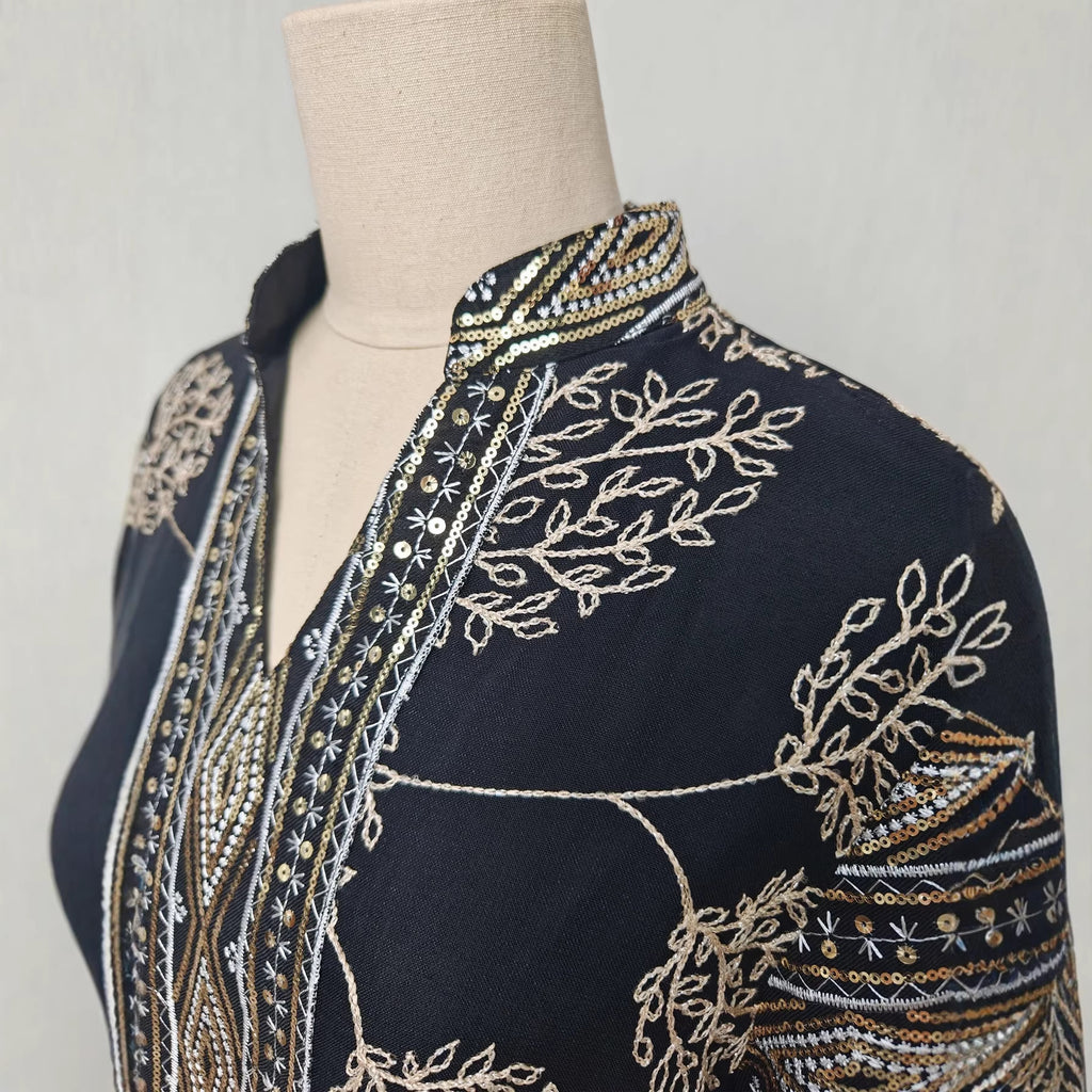 Elegant Embroidered Mesh Dress with Sleeve Slit Crew Neck V-Neck Long Dress