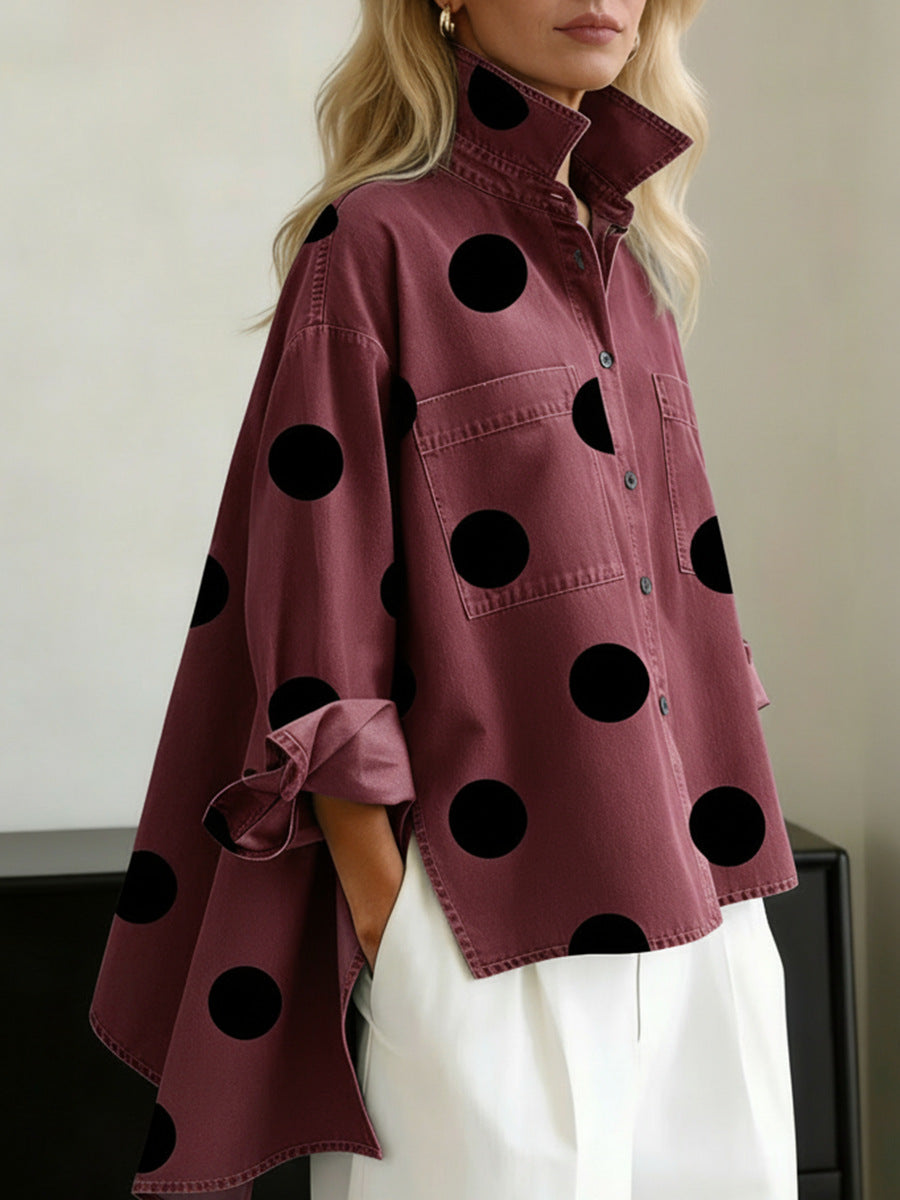 Style printed denim-like stand collar casual shirt