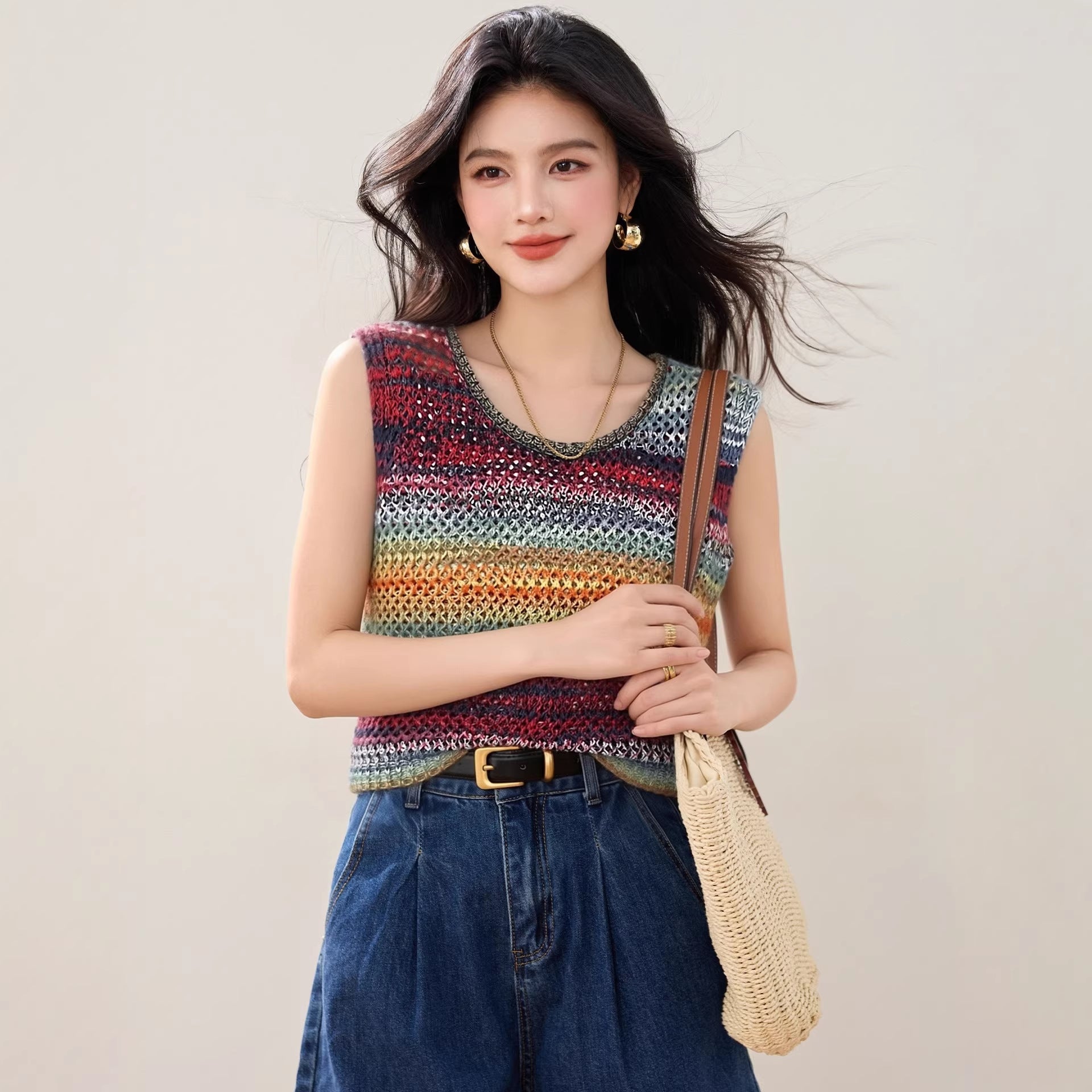 Design Colorful Stripe Knit Sleeveless Vest with Openwork Breathable Comfortable Top for Layering and Slim Look Women