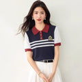CollegeStripe Short Sleeve T-Shirt Women White Turn-down Collar Buttoned Top Summer Versatile Youthful Casual Shirt