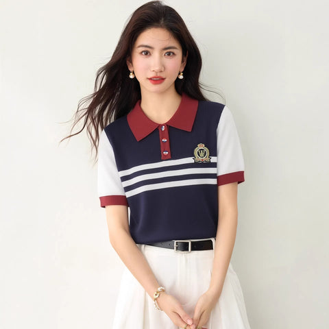 CollegeStripe Short Sleeve T-Shirt Women White Turn-down Collar Buttoned Top Summer Versatile Youthful Casual Shirt