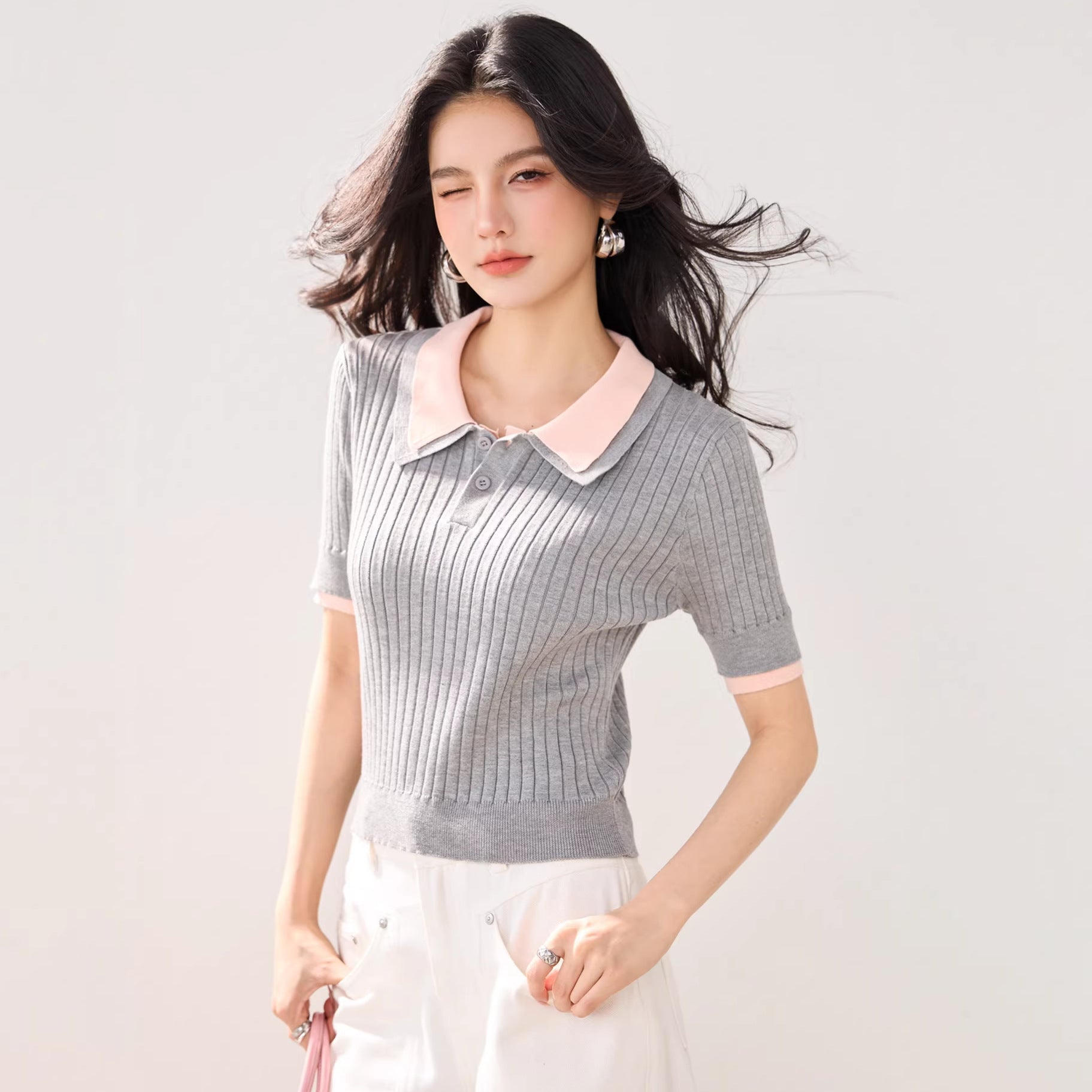 Polo Neck Knit Top for Women, Summer New Style Slim Fit Lightweight Ice Silk Short Sleeve Shirt