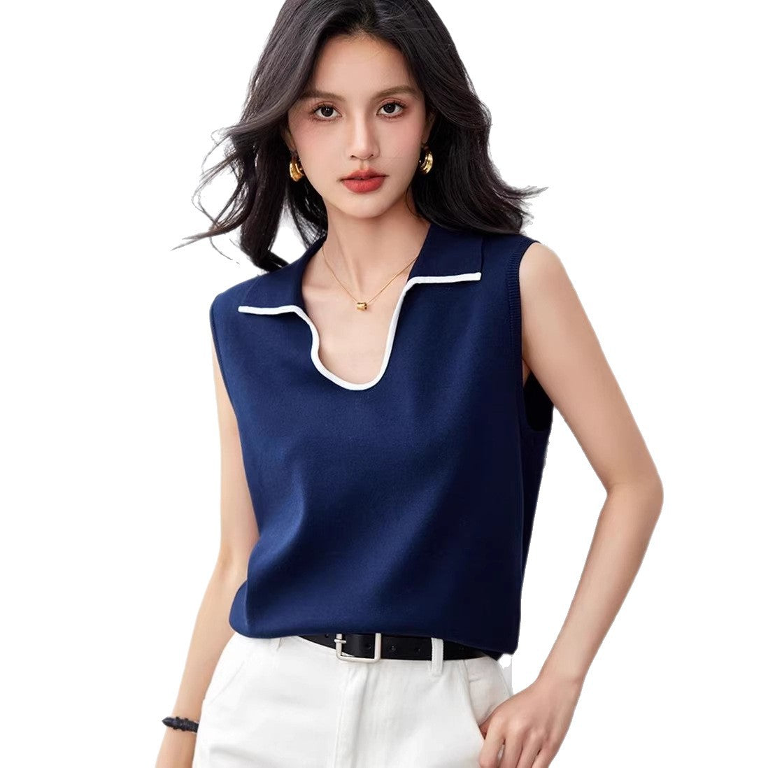 Polo Neck Sleeveless Knit Vest, Casual Loose-Fitting Versatile Shoulder Cover Top for Women