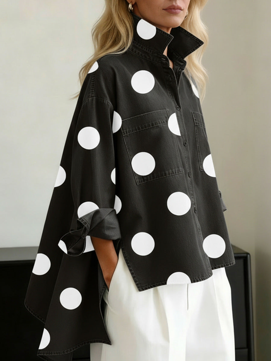 Style printed denim-like stand collar casual shirt