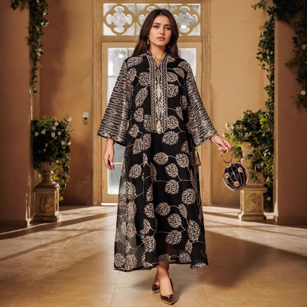 Elegant Embroidered Mesh Dress with Sleeve Slit Crew Neck V-Neck Long Dress