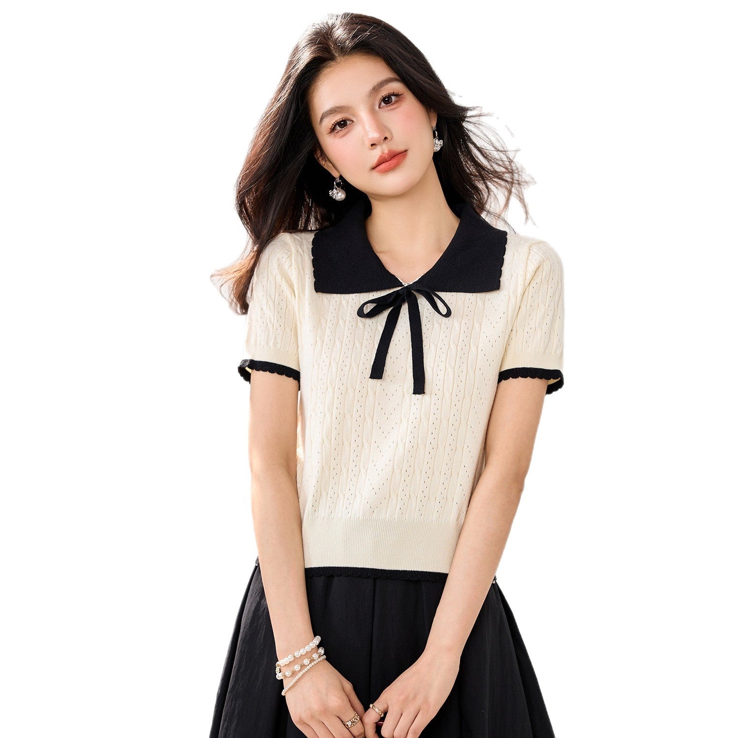 Cute Color-Blocking Short Sleeve Knit Top for Women, Summer Lightweight Skin-FriendlyBreathable Tie-Bow Design Sweet and Youthful Look