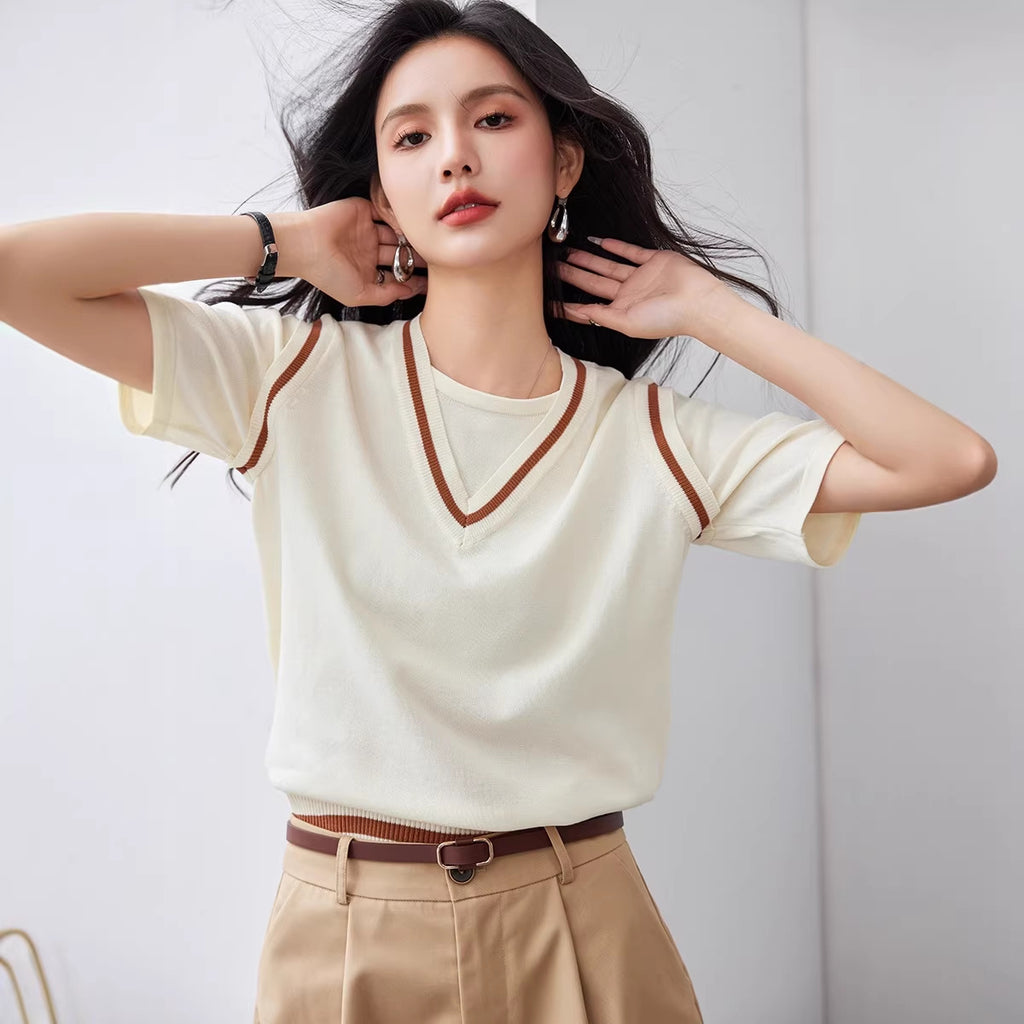 Faux Two-Piece V-Neck Ice Silk Knit Short Sleeve T-Shirt for Women, Loose Fit, Color-Blocking Design, Patchwork Top