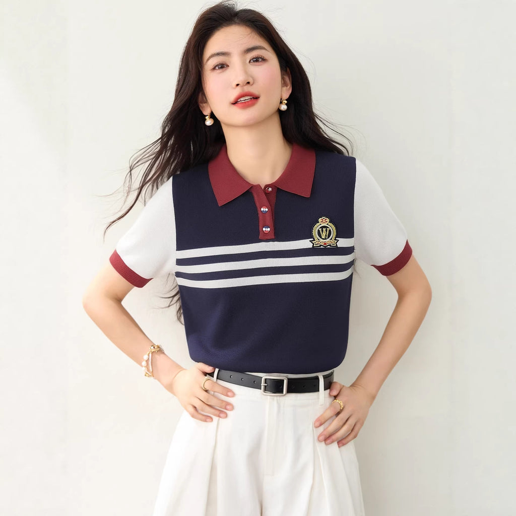 CollegeStripe Short Sleeve T-Shirt Women White Turn-down Collar Buttoned Top Summer Versatile Youthful Casual Shirt