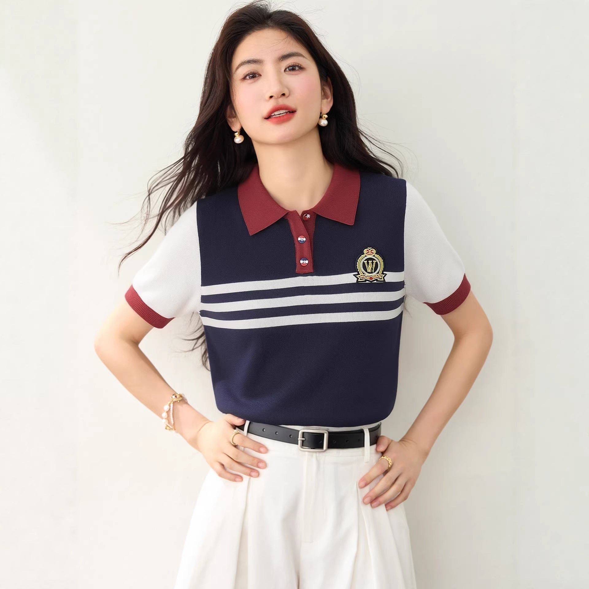 CollegeStripe Short Sleeve T-Shirt Women White Turn-down Collar Buttoned Top Summer Versatile Youthful Casual Shirt