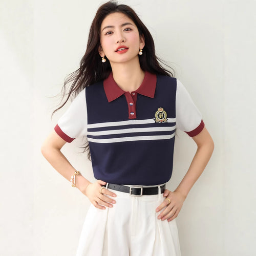 CollegeStripe Short Sleeve T-Shirt Women White Turn-down Collar Buttoned Top Summer Versatile Youthful Casual Shirt