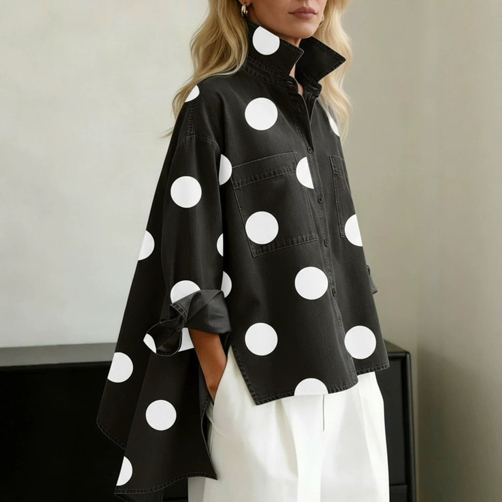 Style printed denim-like stand collar casual shirt