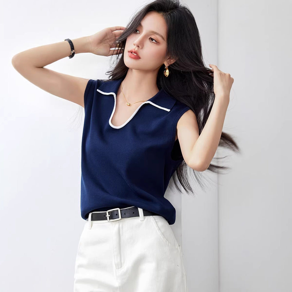 Polo Neck Sleeveless Knit Vest, Casual Loose-Fitting Versatile Shoulder Cover Top for Women