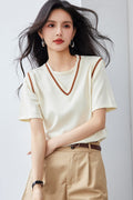 Faux Two-Piece V-Neck Ice Silk Knit Short Sleeve T-Shirt for Women, Loose Fit, Color-Blocking Design, Patchwork Top