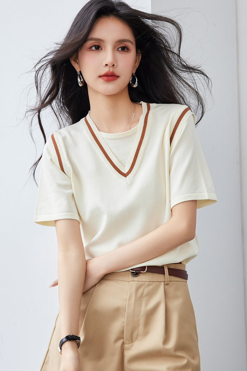 Faux Two-Piece V-Neck Ice Silk Knit Short Sleeve T-Shirt for Women, Loose Fit, Color-Blocking Design, Patchwork Top
