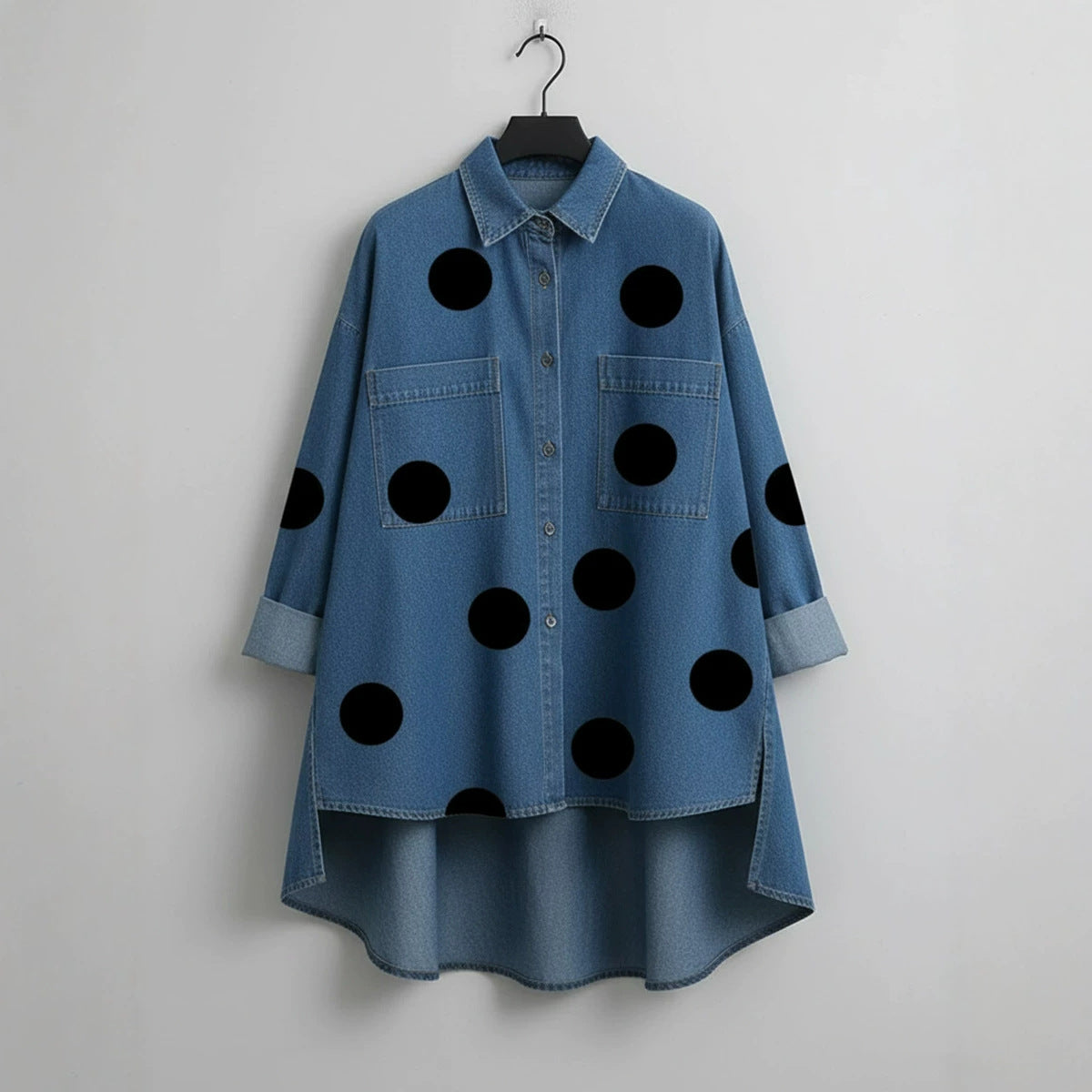 Style printed denim-like stand collar casual shirt