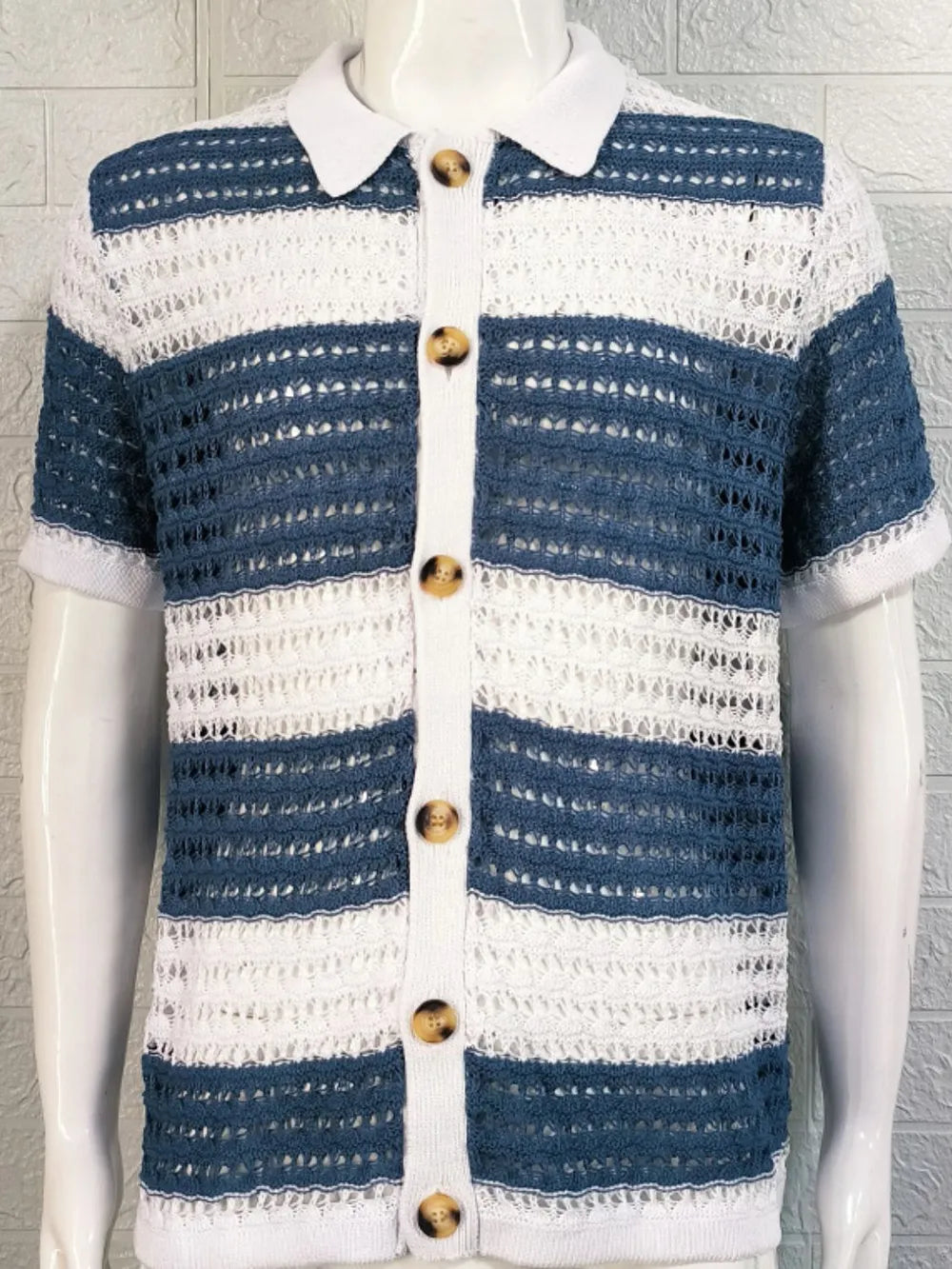Men's Button Down Collared Neck Contrast Openwork Shirt